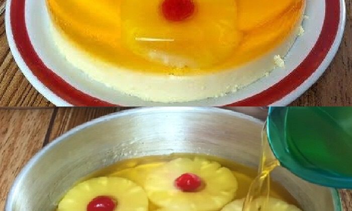 Gelatina volteada de piña cremosa